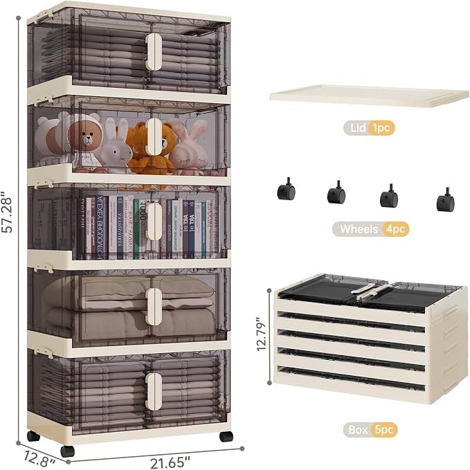 Boîte de rangement pliable avec roues et couvercle - 48 pintes, lot de 5 étagères empilables pour garde-robe, adaptée aux jouets, vêtements et maison