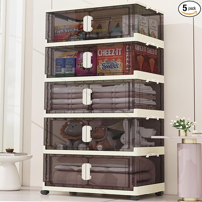 Boîte de rangement pliable avec roues et couvercle - 48 pintes, lot de 5 étagères empilables pour garde-robe, adaptée aux jouets, vêtements et maison