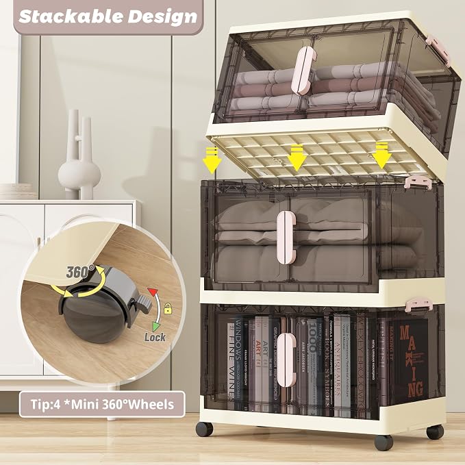Boîte de rangement pliable avec roues et couvercle - 48 pintes, lot de 5 étagères empilables pour garde-robe, adaptée aux jouets, vêtements et maison