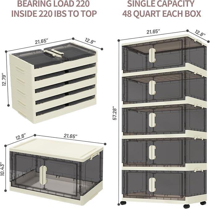Boîte de rangement pliable avec roues et couvercle - 48 pintes, lot de 5 étagères empilables pour garde-robe, adaptée aux jouets, vêtements et maison