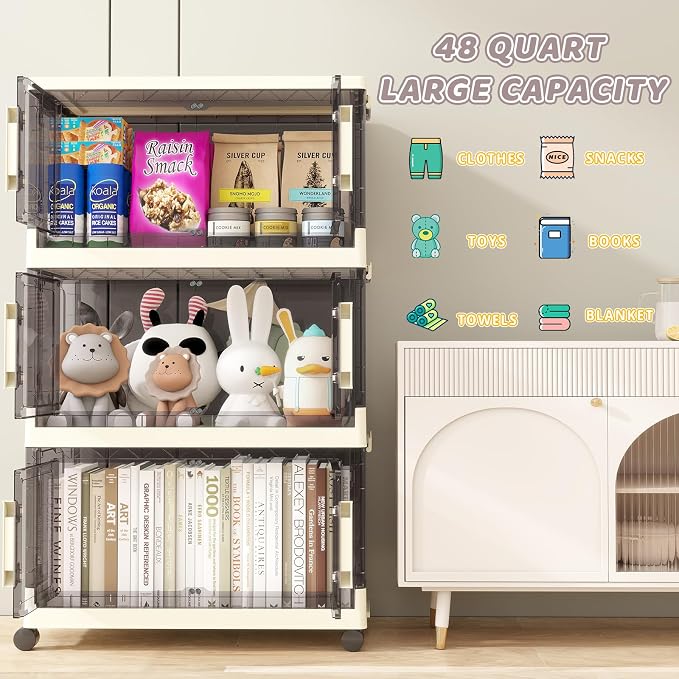 Boîte de rangement pliable avec roues et couvercle - 48 pintes, lot de 5 étagères empilables pour garde-robe, adaptée aux jouets, vêtements et maison